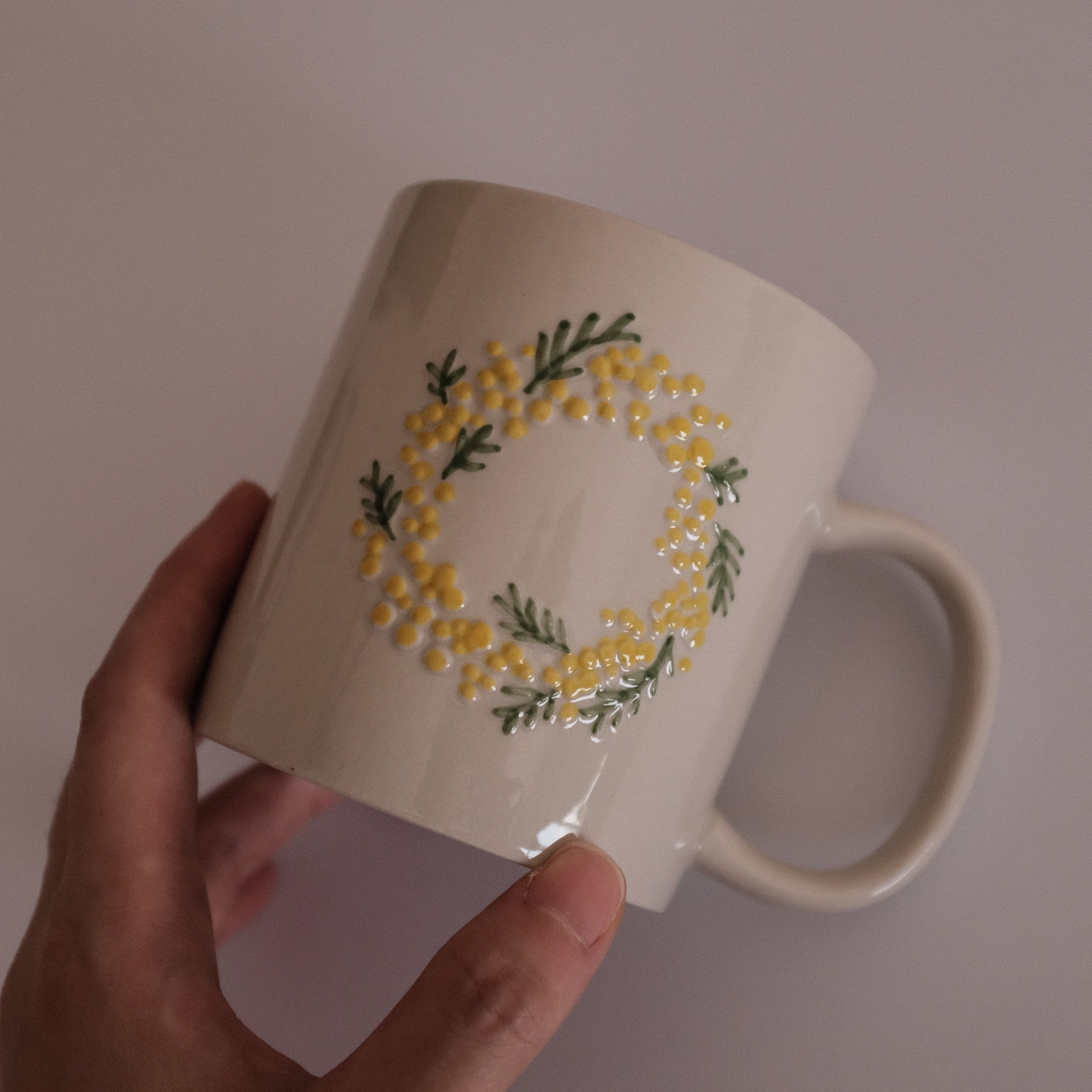 SUMMERIE Rustic Charm Whimsical Floral Mimosa Relief Ceramic Mug