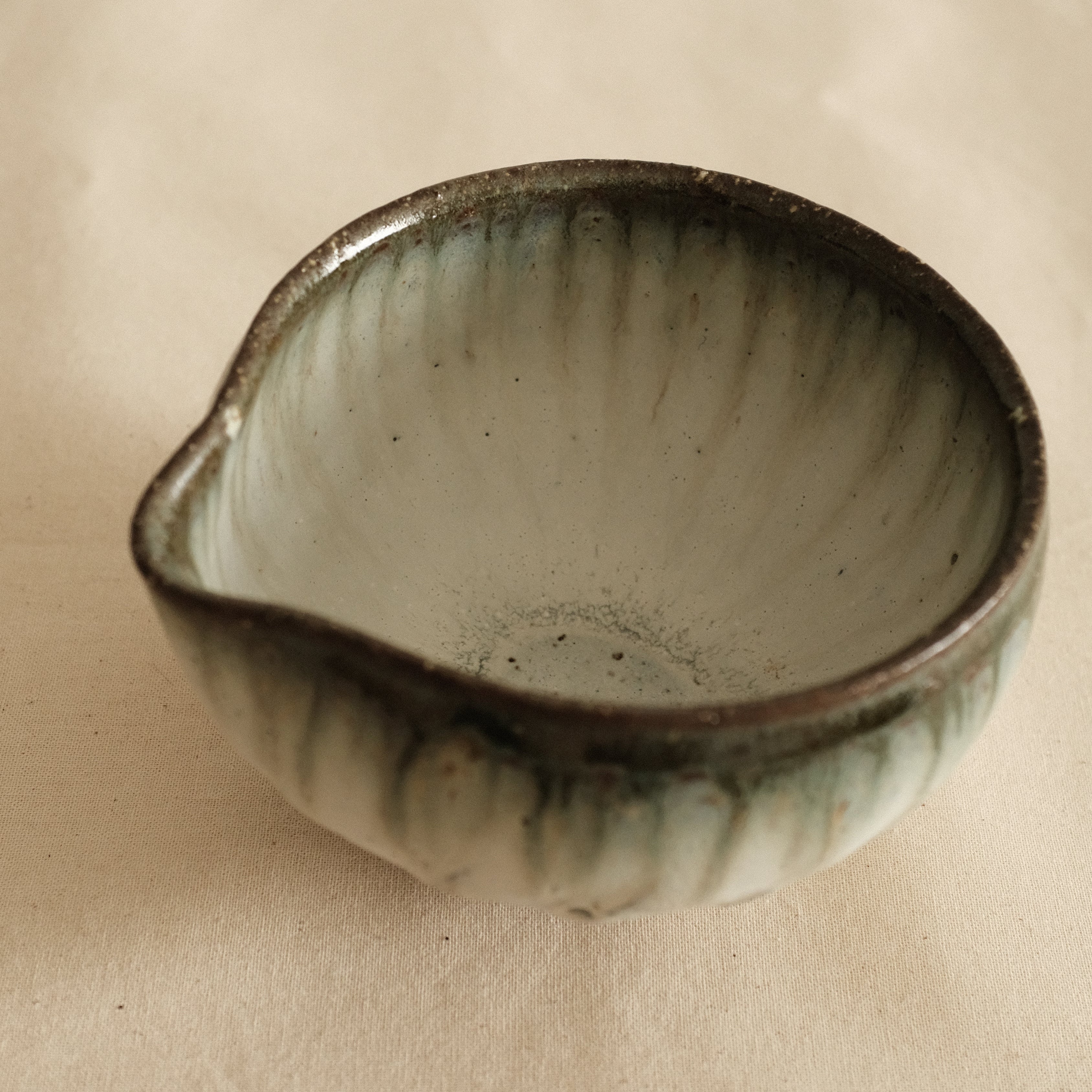Masamura Japan Carved Artichoke Moss Green Japan Katakuchi Chawan Matcha Bowl with Spout
