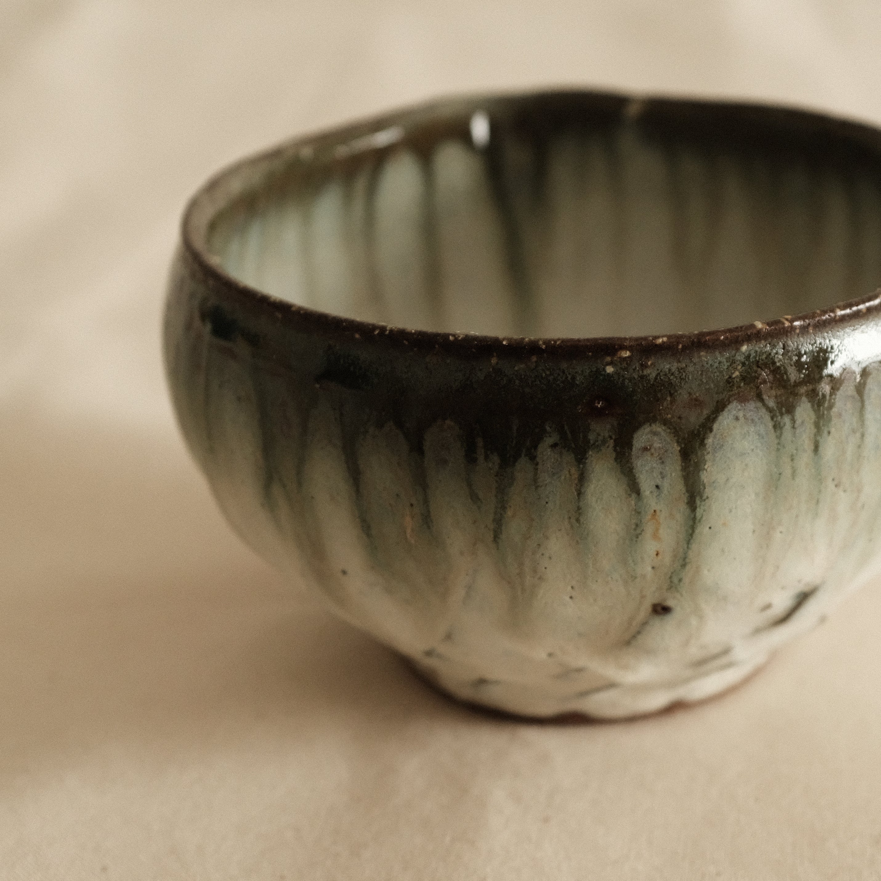 Masamura Japan Carved Artichoke Moss Green Japan Katakuchi Chawan Matcha Bowl with Spout
