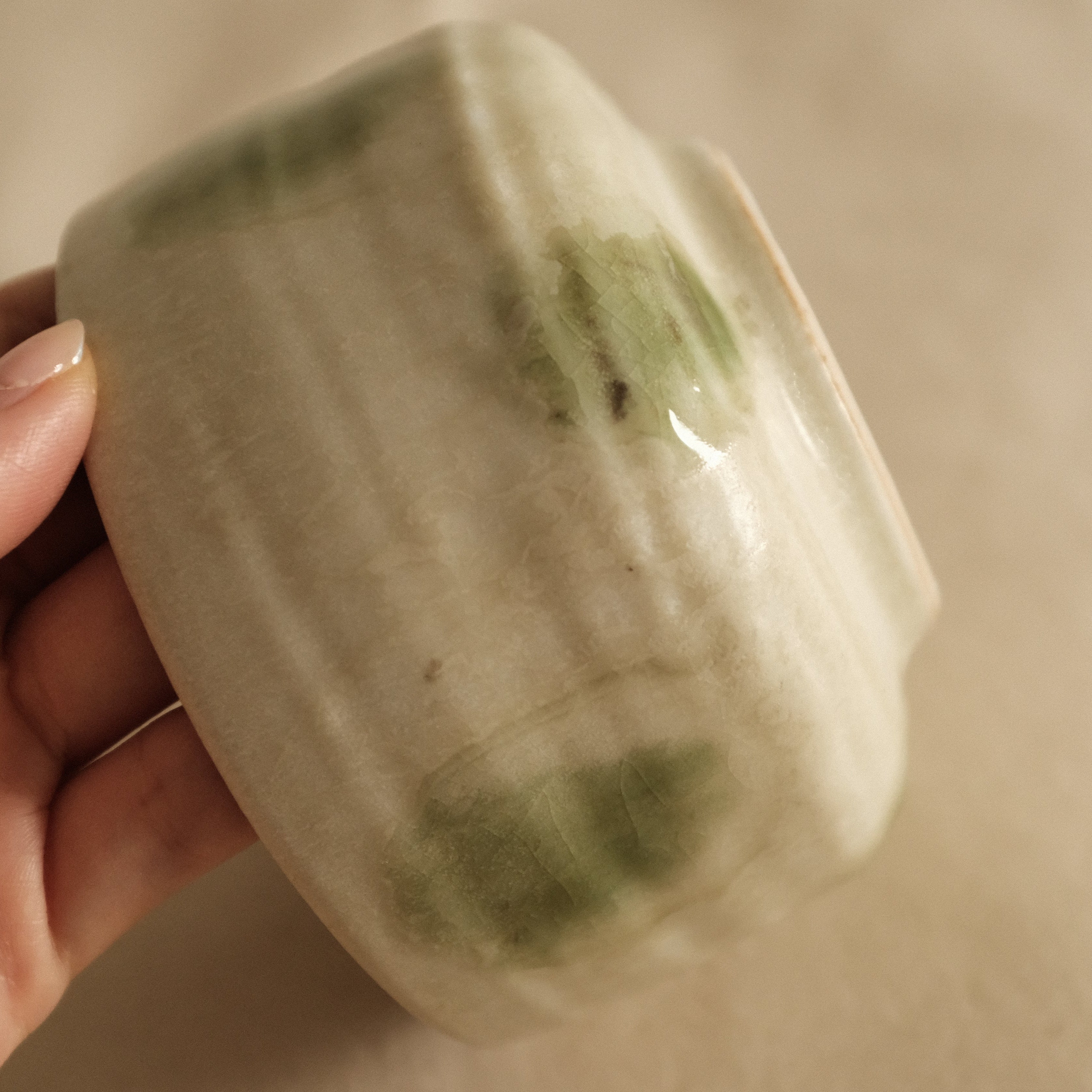 Wabi Sabi Oribe Green Mizutama Dots White Matcha Bowl