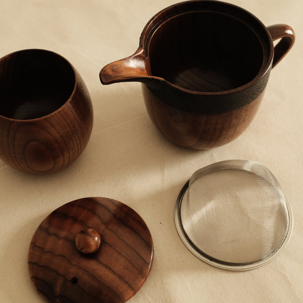 Asanuno Hemp Fabric Covered Wooden Teapot with Egg Shape Wooden Cup Norawan Set