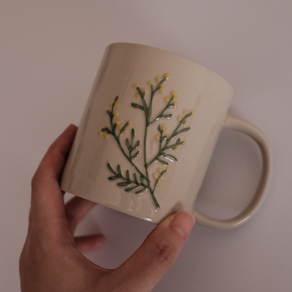 SUMMERIE Rustic Charm Whimsical Floral Pine Fern Relief Ceramic Mug