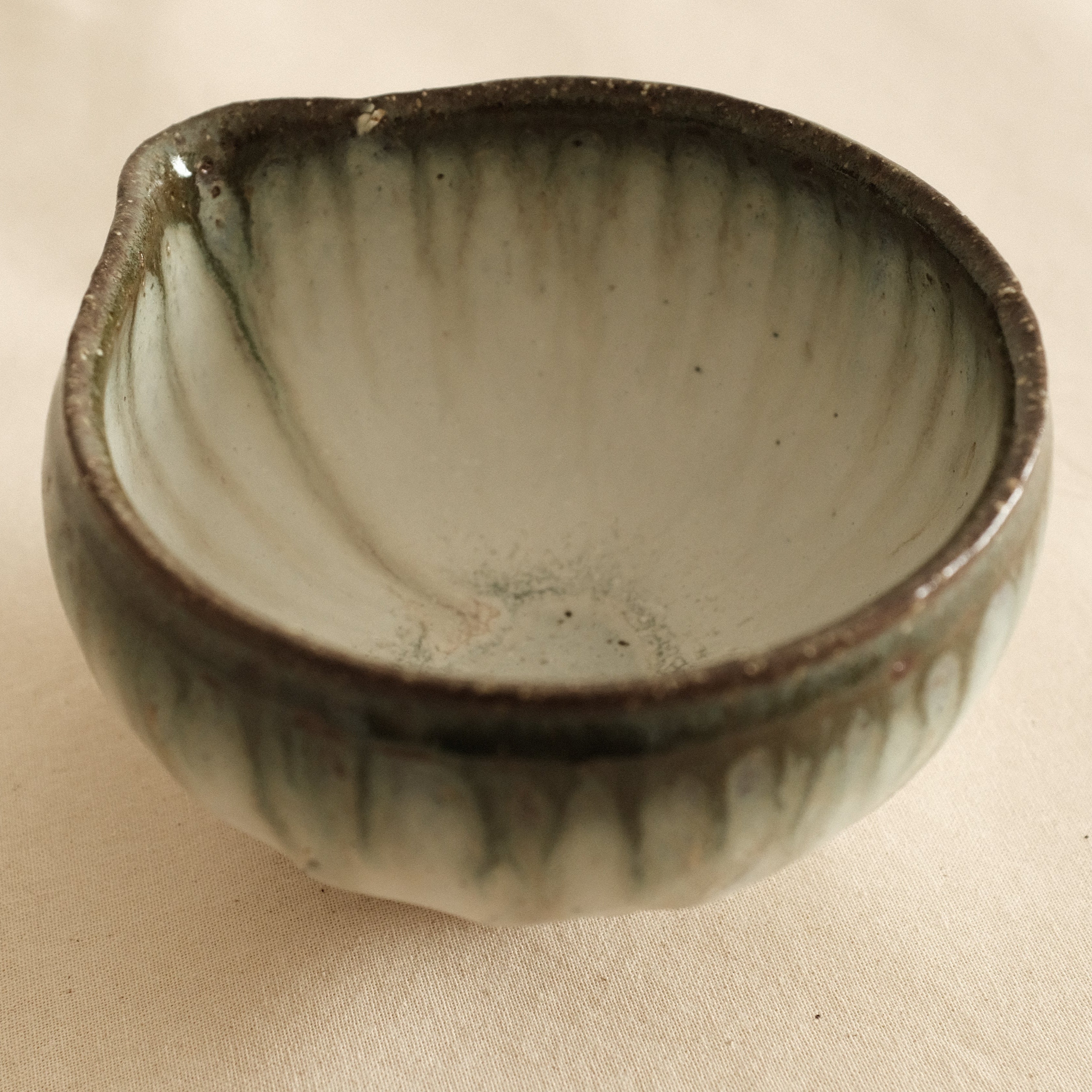 Masamura Japan Carved Artichoke Moss Green Japan Katakuchi Chawan Matcha Bowl with Spout