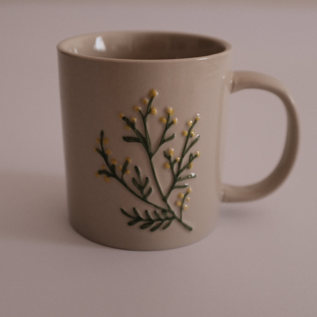 SUMMERIE Rustic Charm Whimsical Floral Pine Fern Relief Ceramic Mug