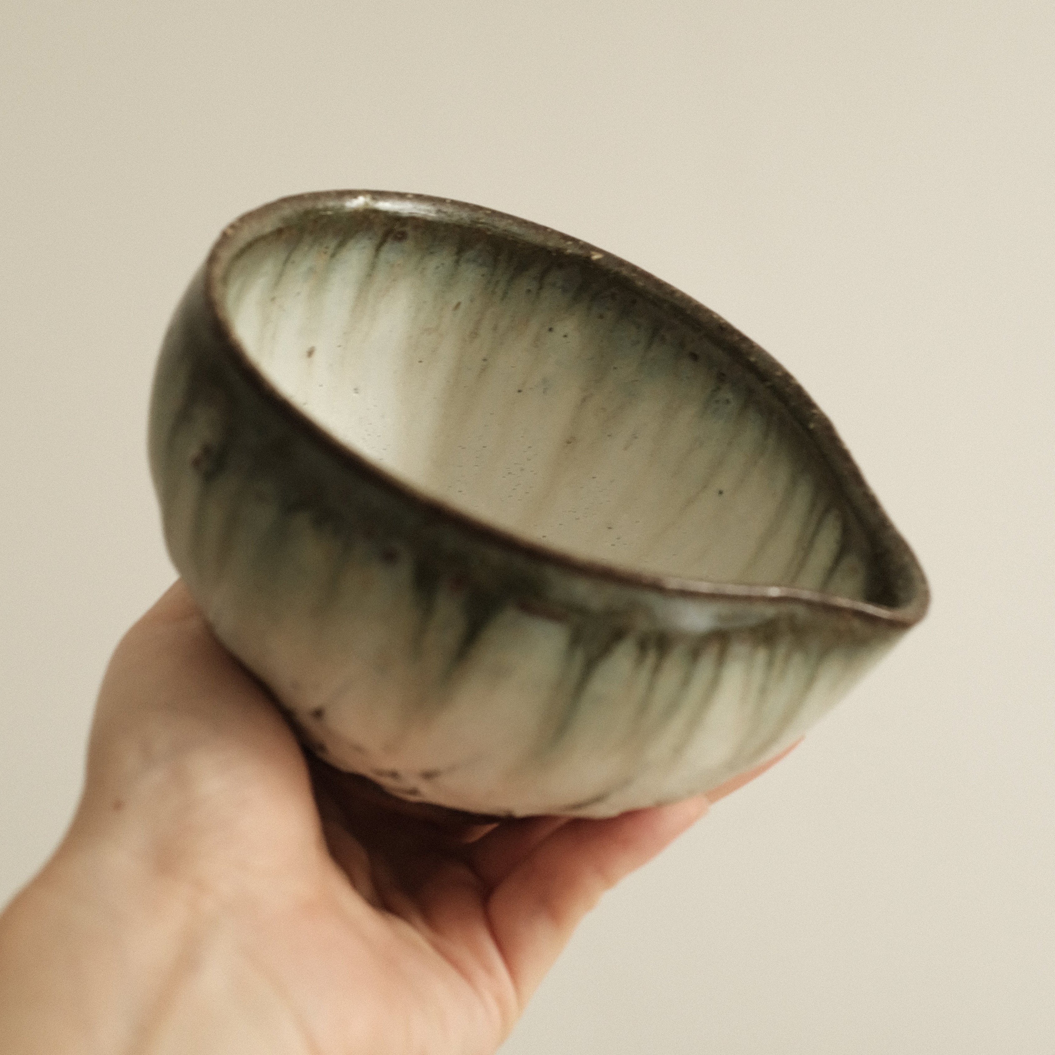 Masamura Japan Carved Artichoke Moss Green Japan Katakuchi Chawan Matcha Bowl with Spout