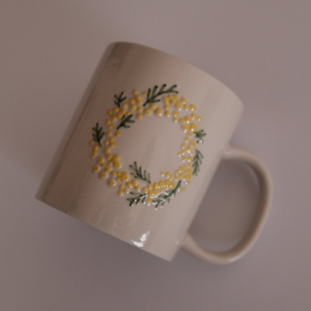 SUMMERIE Rustic Charm Whimsical Floral Mimosa Relief Ceramic Mug