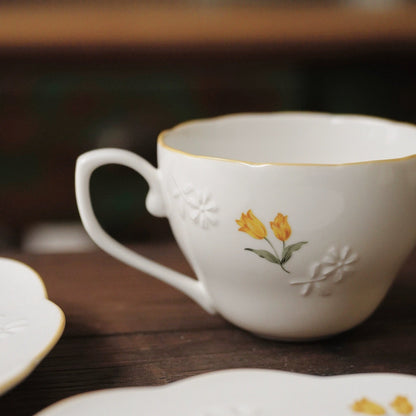 AMELIE French Retro Yellow Tulips Relief Pattern Tea/ Coffee Cup and Saucer Set