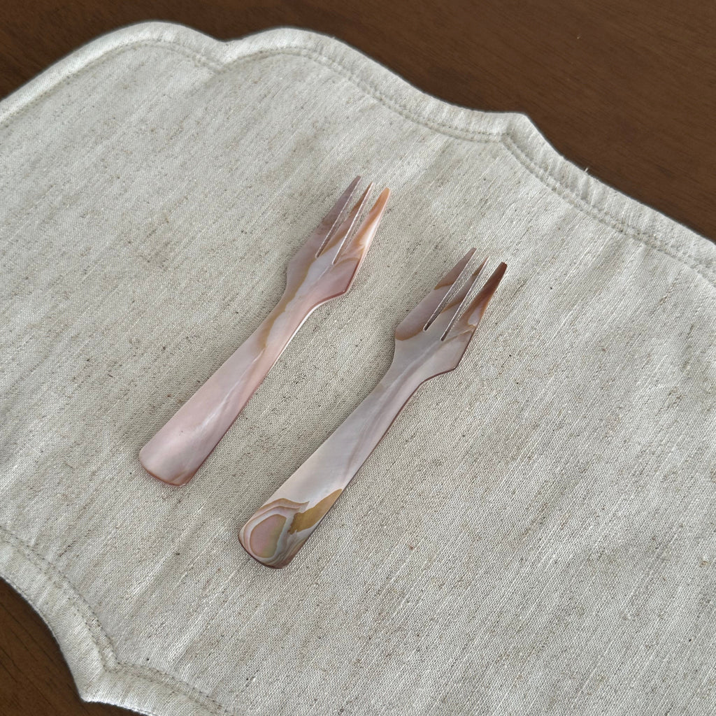 PEARLE Beige Pink Mother of Pearl Spoon Fork Knife 12cm Dessert Coffee Cake Cutlery Flatware