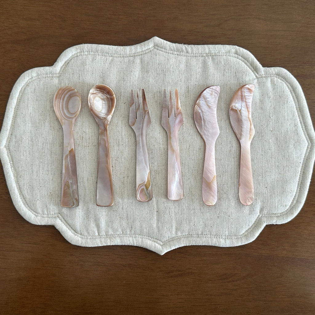 PEARLE Beige Pink Mother of Pearl Spoon Fork Knife 12cm Dessert Coffee Cake Cutlery Flatware