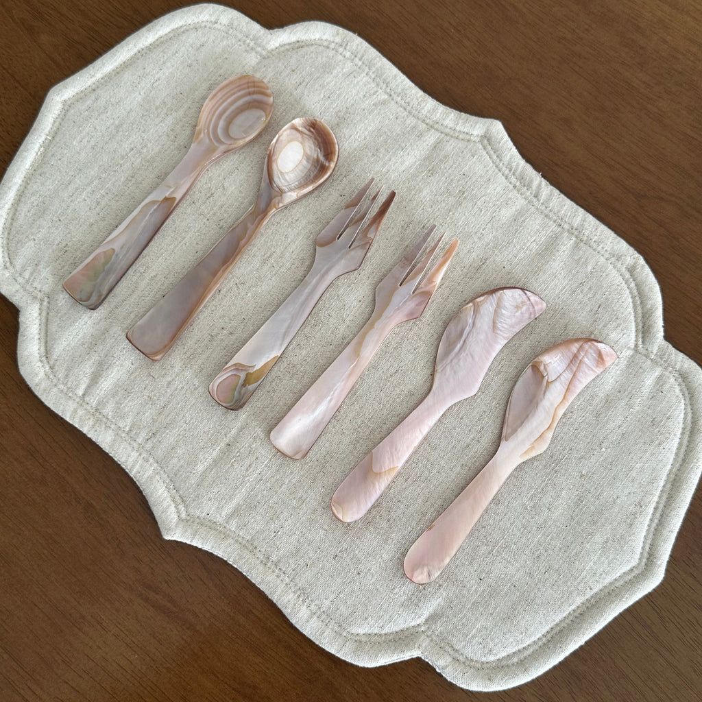 PEARLE Beige Pink Mother of Pearl Spoon Fork Knife 12cm Dessert Coffee Cake Cutlery Flatware