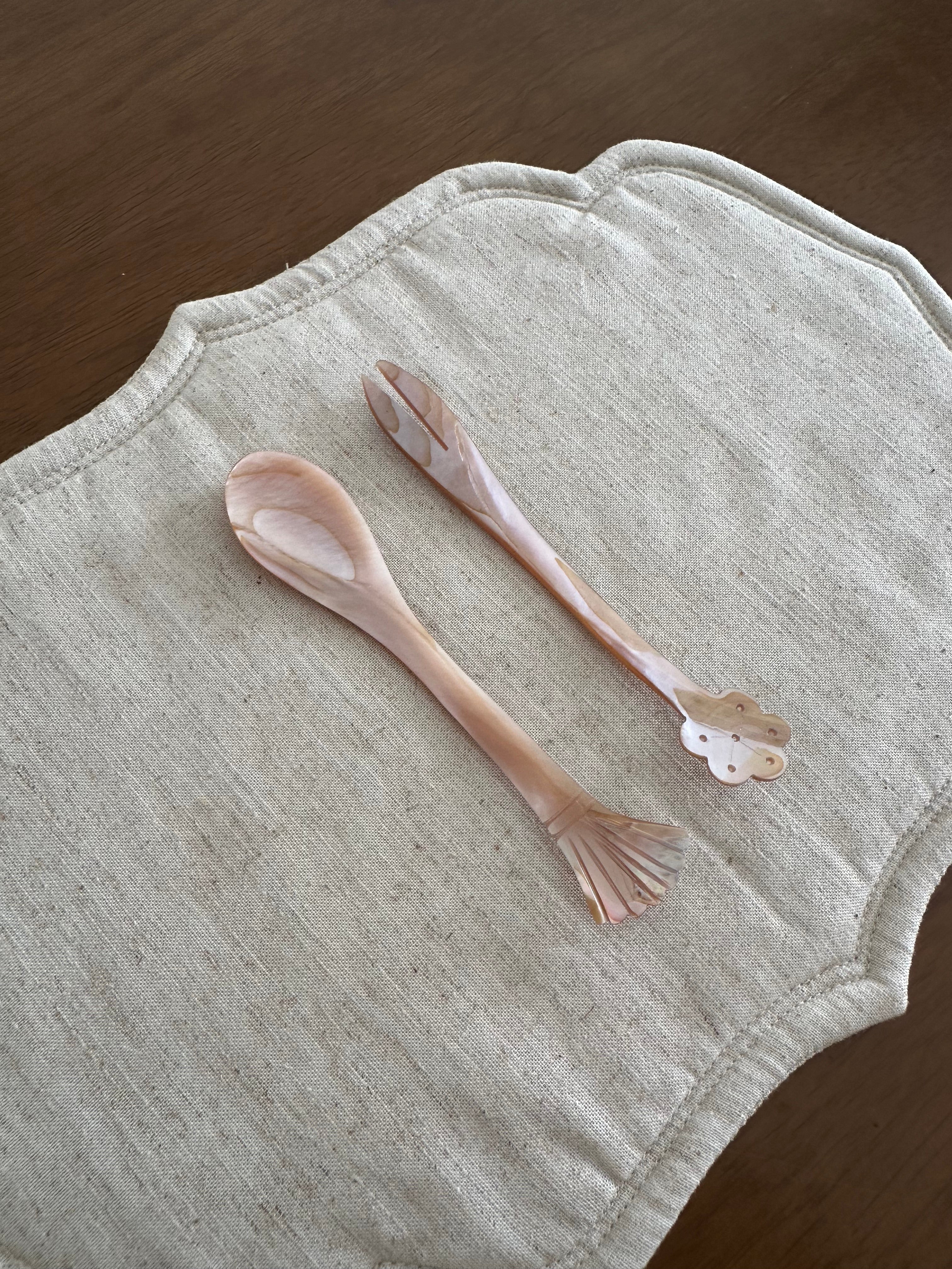 PEARLE Pink Beige Pink Mother of Pearl Flower Pattern Tip Spoon Fork 12 cm Dessert Coffee Cake Cutlery Flatware