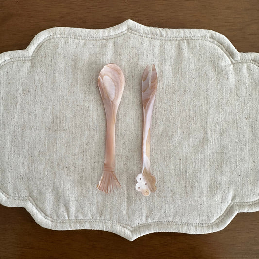 PEARLE Pink Beige Pink Mother of Pearl Flower Pattern Tip Spoon Fork 12 cm Dessert Coffee Cake Cutlery Flatware