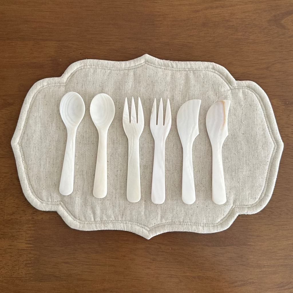 PEARLE Off White Mother of Pearl Spoon Fork Knife 12cm Dessert Coffee Cake Cutlery Flatware