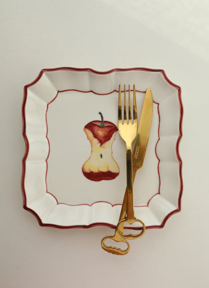 LA MELA Take a Bite of Red Apple Retro Hand Painted Underglazed Ceramic Square Plate