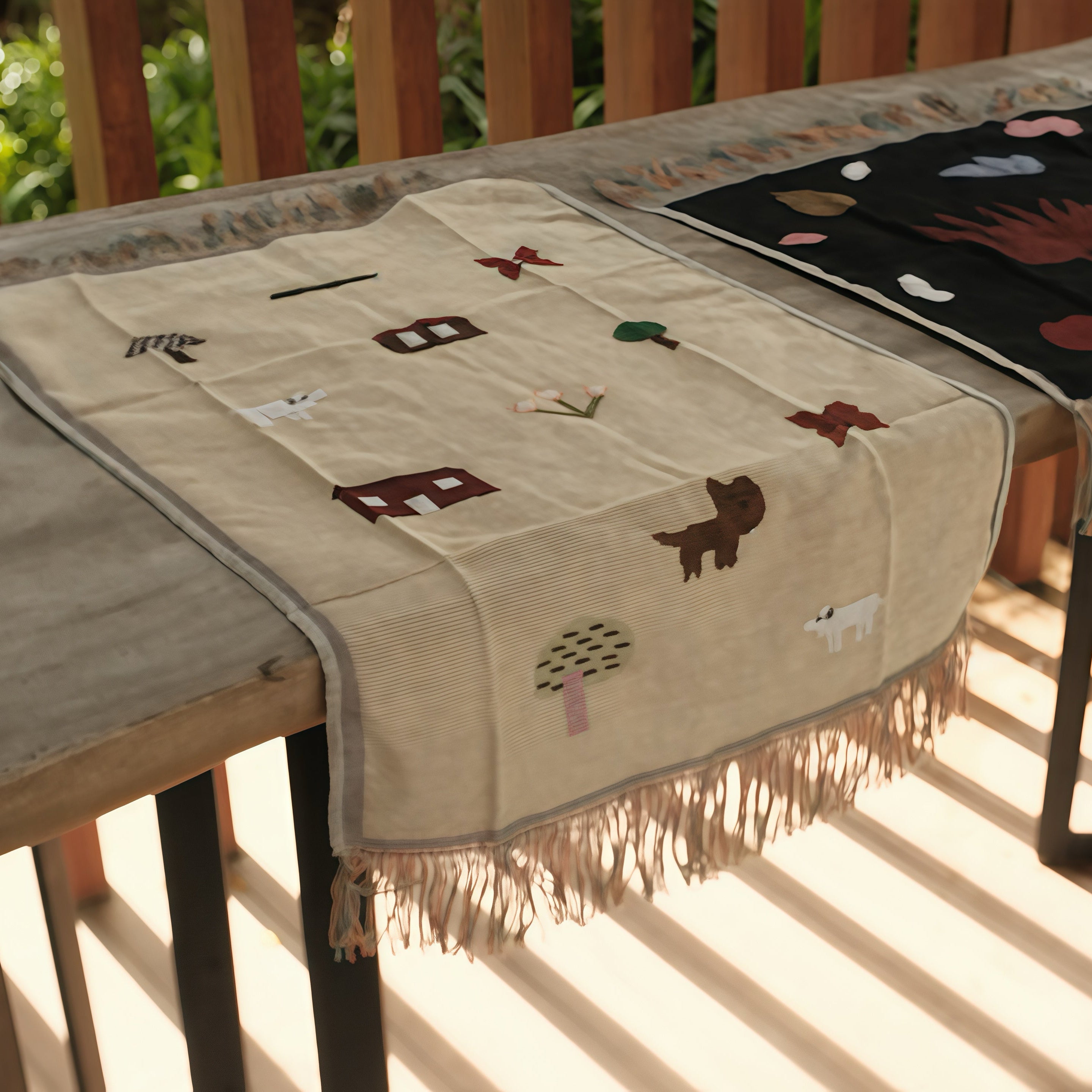 LUCIENNE Countryside View Whimsical Retro Style Decorative Knitted Tapestry Blanket with Fringe