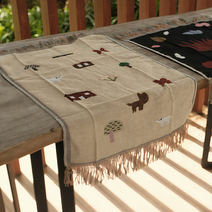 LUCIENNE Countryside View Whimsical Retro Style Decorative Knitted Tapestry Blanket with Fringe