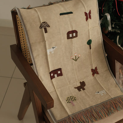LUCIENNE Countryside View Whimsical Retro Style Decorative Knitted Tapestry Blanket with Fringe