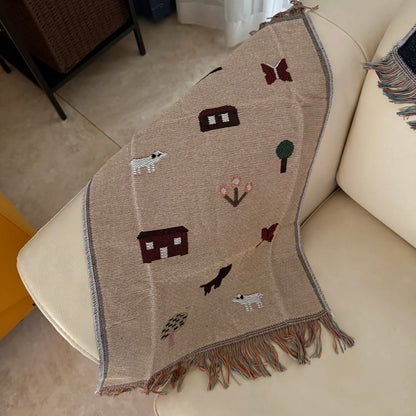 LUCIENNE Countryside View Whimsical Retro Style Decorative Knitted Tapestry Blanket with Fringe