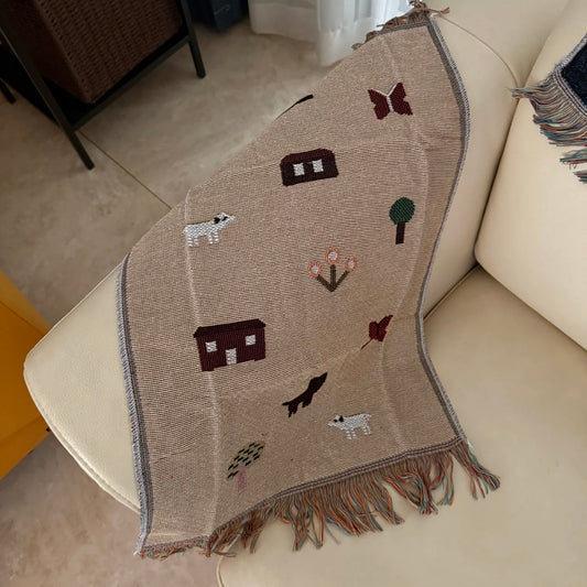 LUCIENNE Countryside View Whimsical Retro Style Decorative Knitted Tapestry Blanket with Fringe