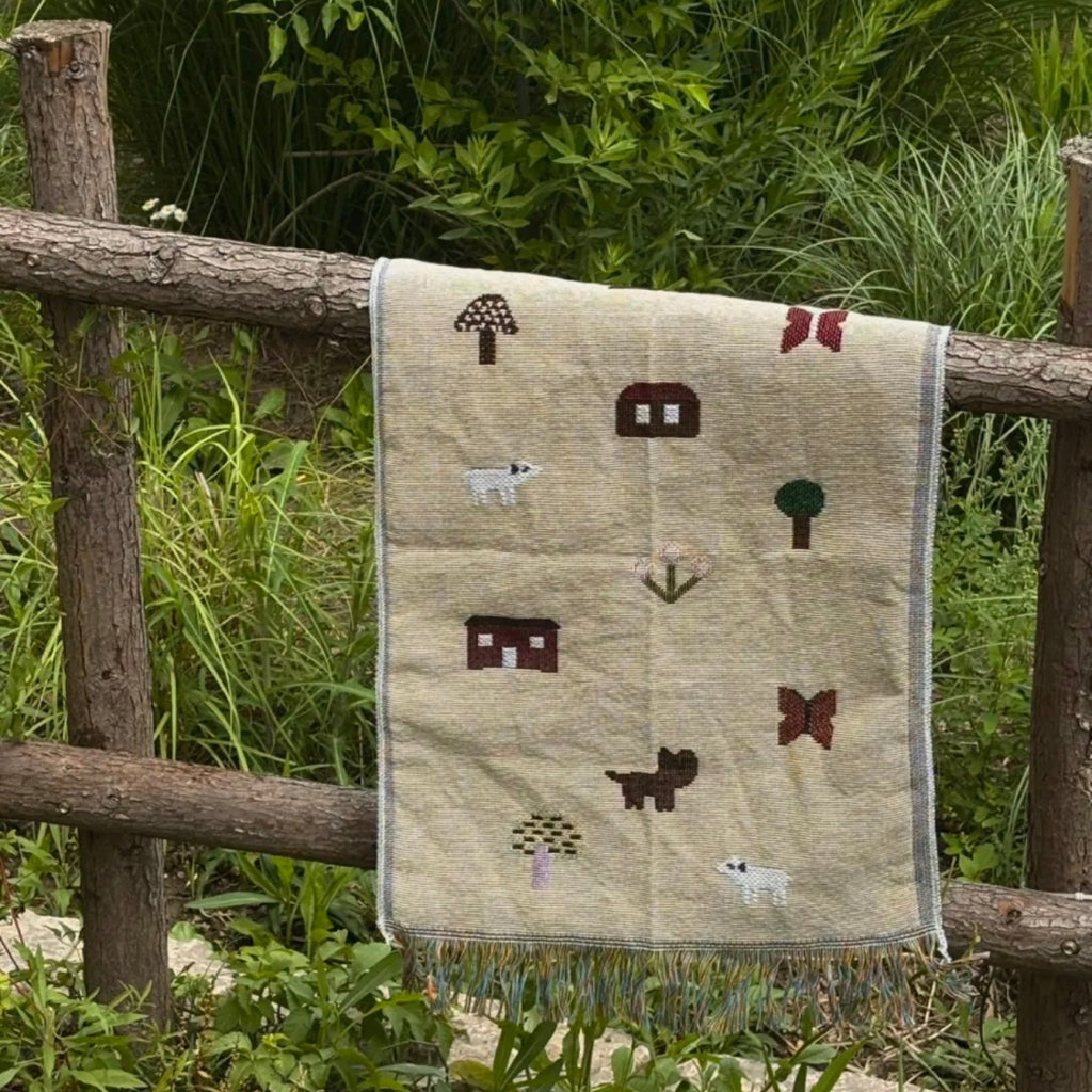 LUCIENNE Countryside View Whimsical Retro Style Decorative Knitted Tapestry Blanket with Fringe