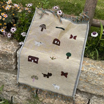 LUCIENNE Countryside View Whimsical Retro Style Decorative Knitted Tapestry Blanket with Fringe