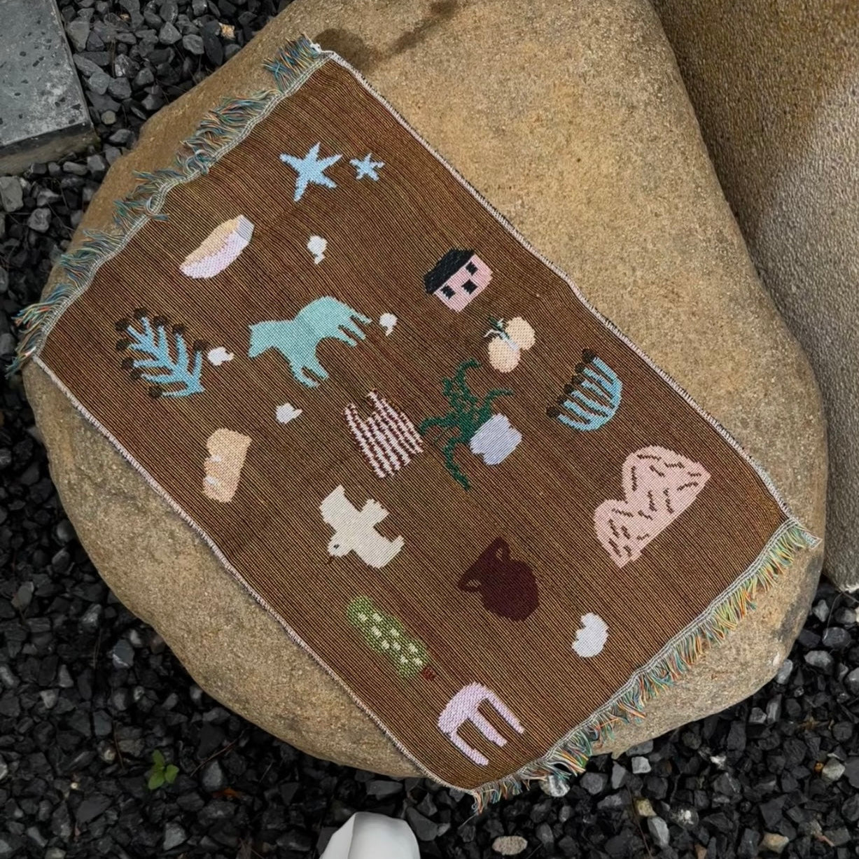 MAISIE Brown Pony Whimsical Retro Style Decorative Knitted Tapestry Blanket with Fringe