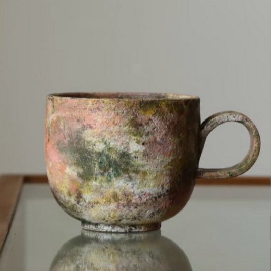 Vintage ceramic mug with a textured surface on a reflective surface.