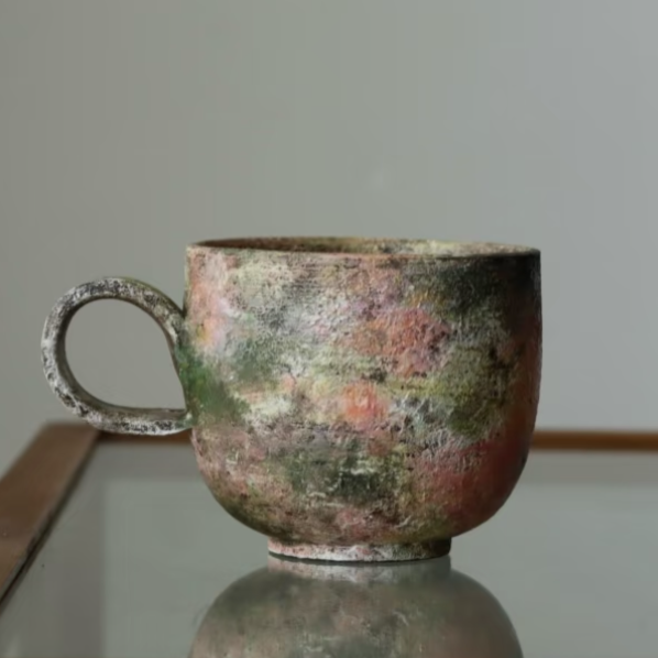 Vintage ceramic mug with a textured surface on a reflective surface.