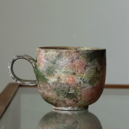 Vintage ceramic mug with a textured surface on a reflective surface.