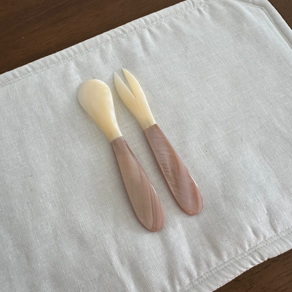 PEARLE Mother of Pearl Pink Handle White Spoon Fork 11.5 cm Dessert Coffee Cake Cutlery Flatware
