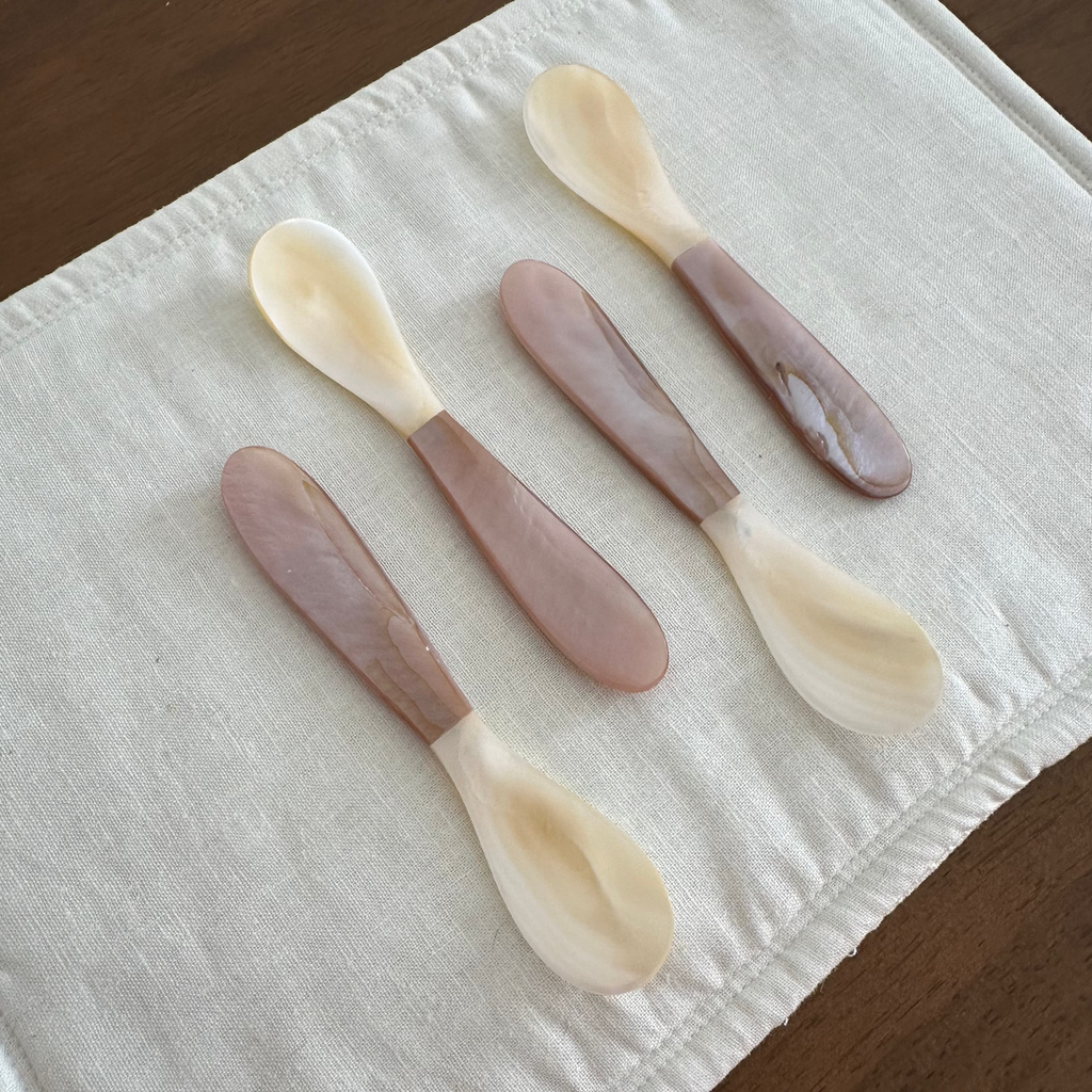 PEARLE Mother of Pearl Pink Handle White Spoon Fork 11.5 cm Dessert Coffee Cake Cutlery Flatware