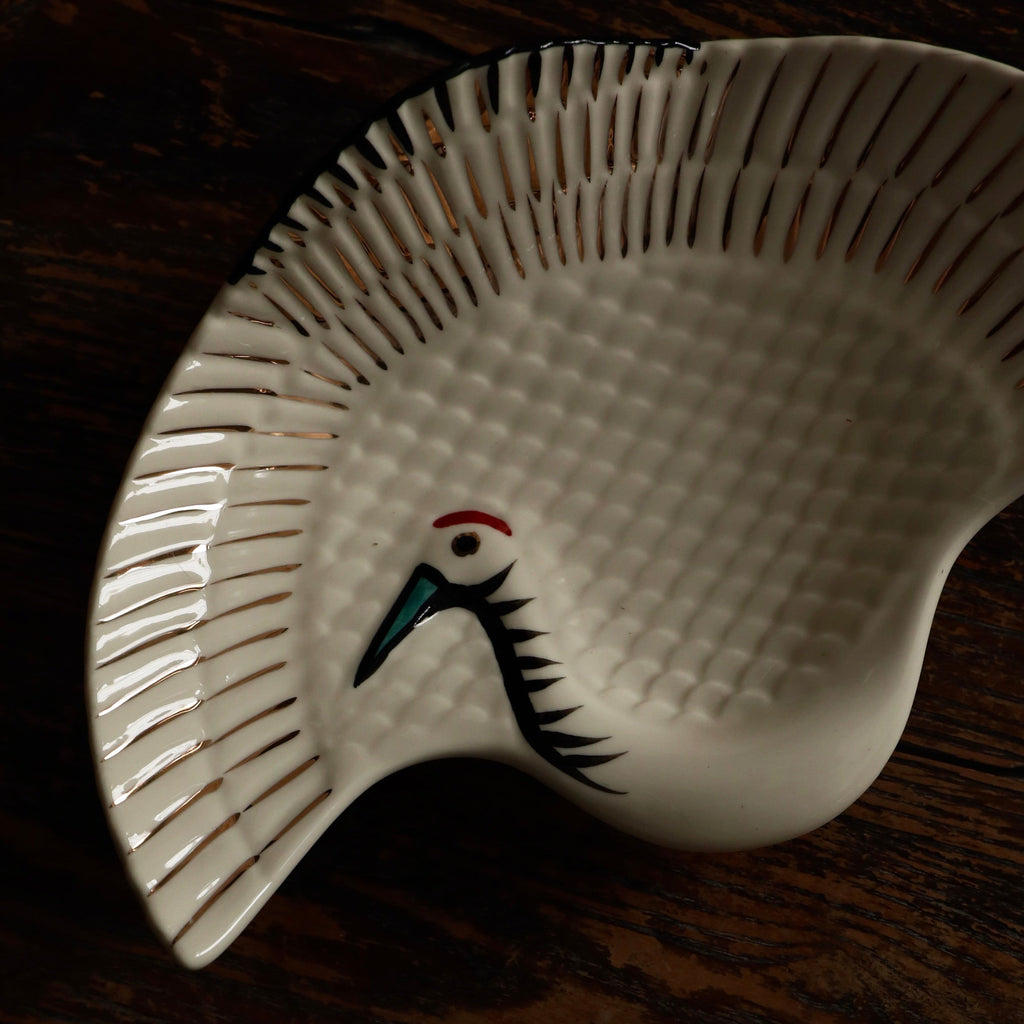 Tsuru White Crane Underglazed Cream Ceramic Dish Plate