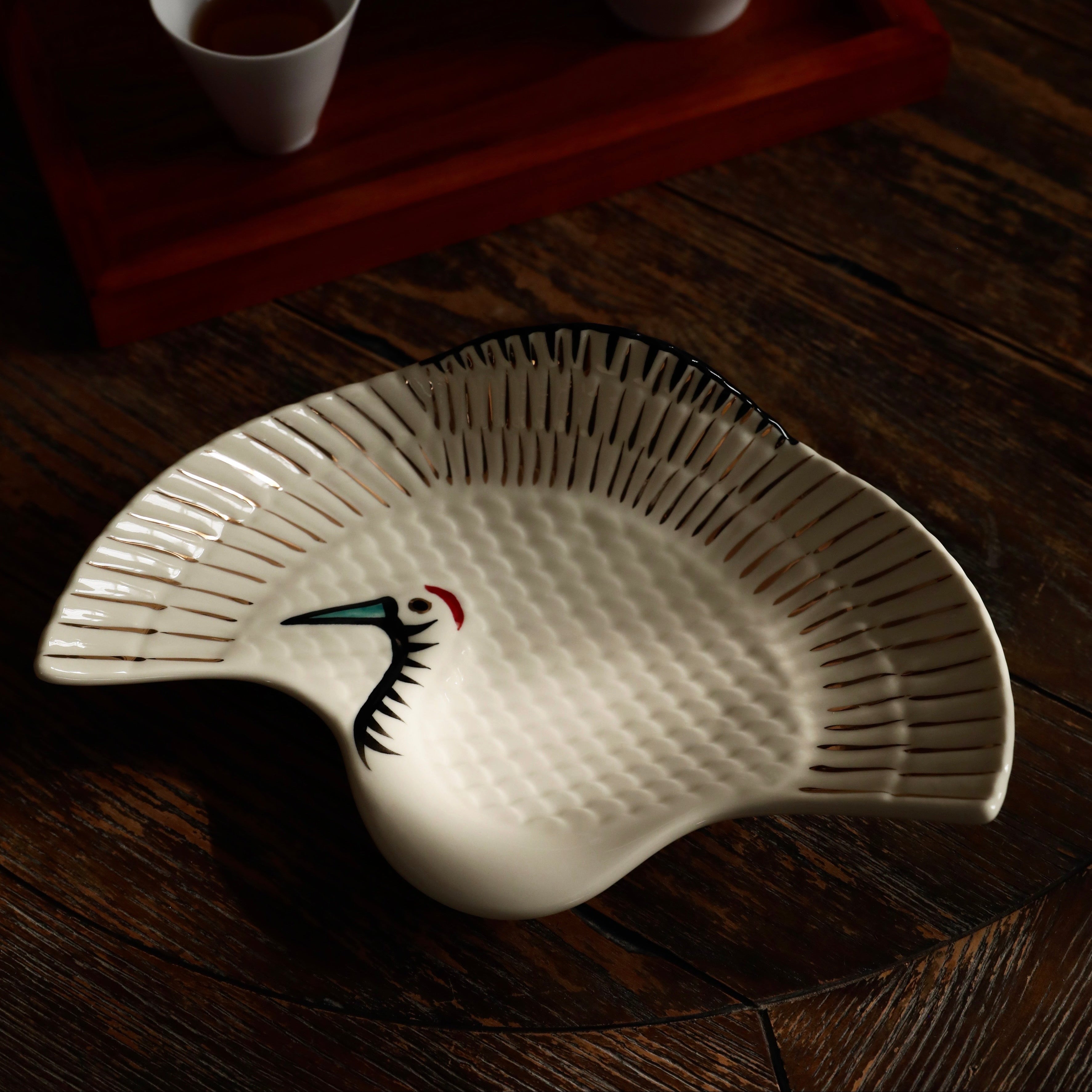 Tsuru White Crane Underglazed Cream Ceramic Dish Plate