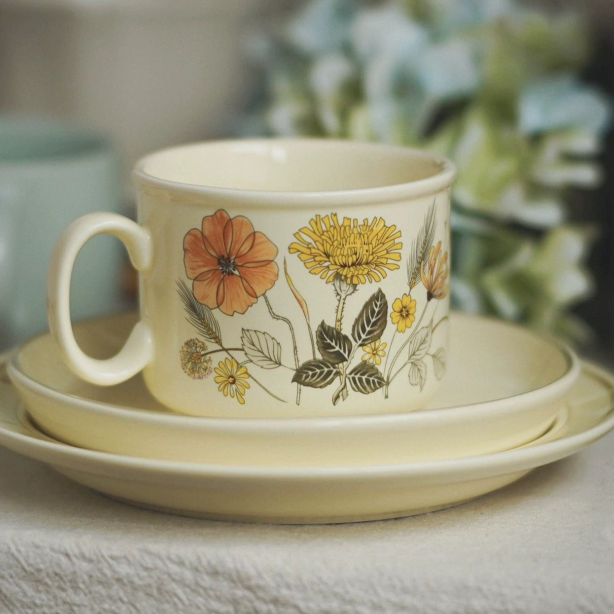 MEADOW English Summer Hedgerow Flower Field Retro Mug and Saucer Set