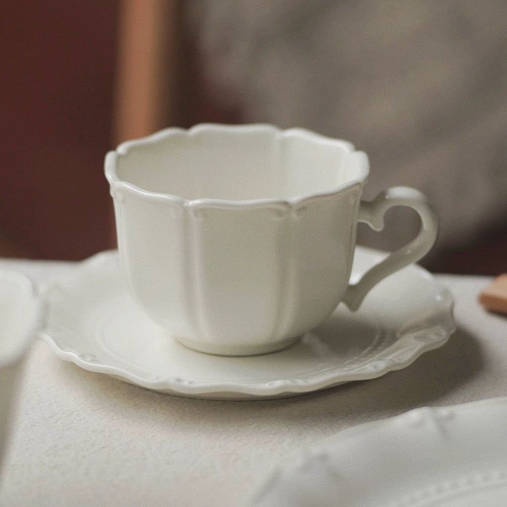 OLIVIA French Retro Rose Ivory Relief Pattern Tea/ Coffee Cup and Saucer Set