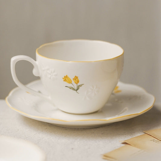 AMELIE French Retro Yellow Tulips Relief Pattern Tea/ Coffee Cup and Saucer Set