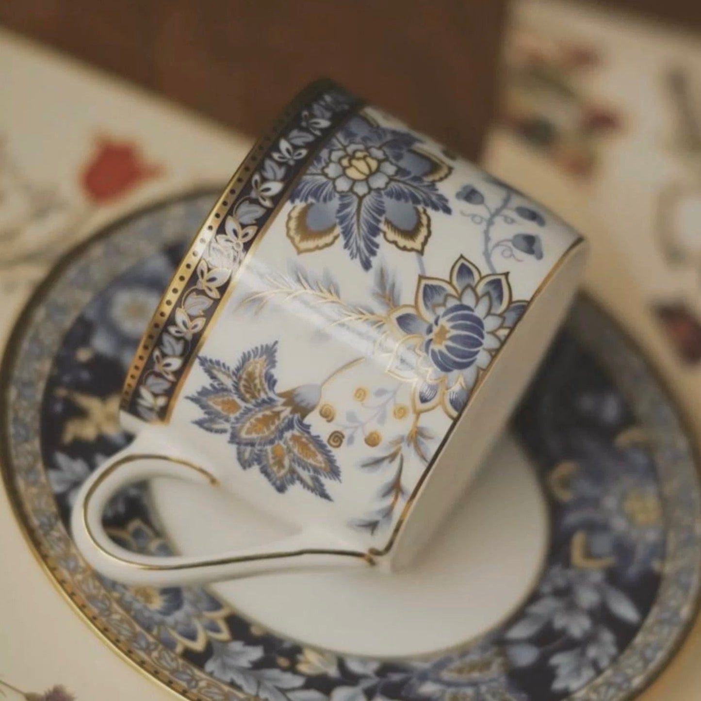 NARUMI Blue Flower Gold Rim Coffee Cup & Saucer Set 