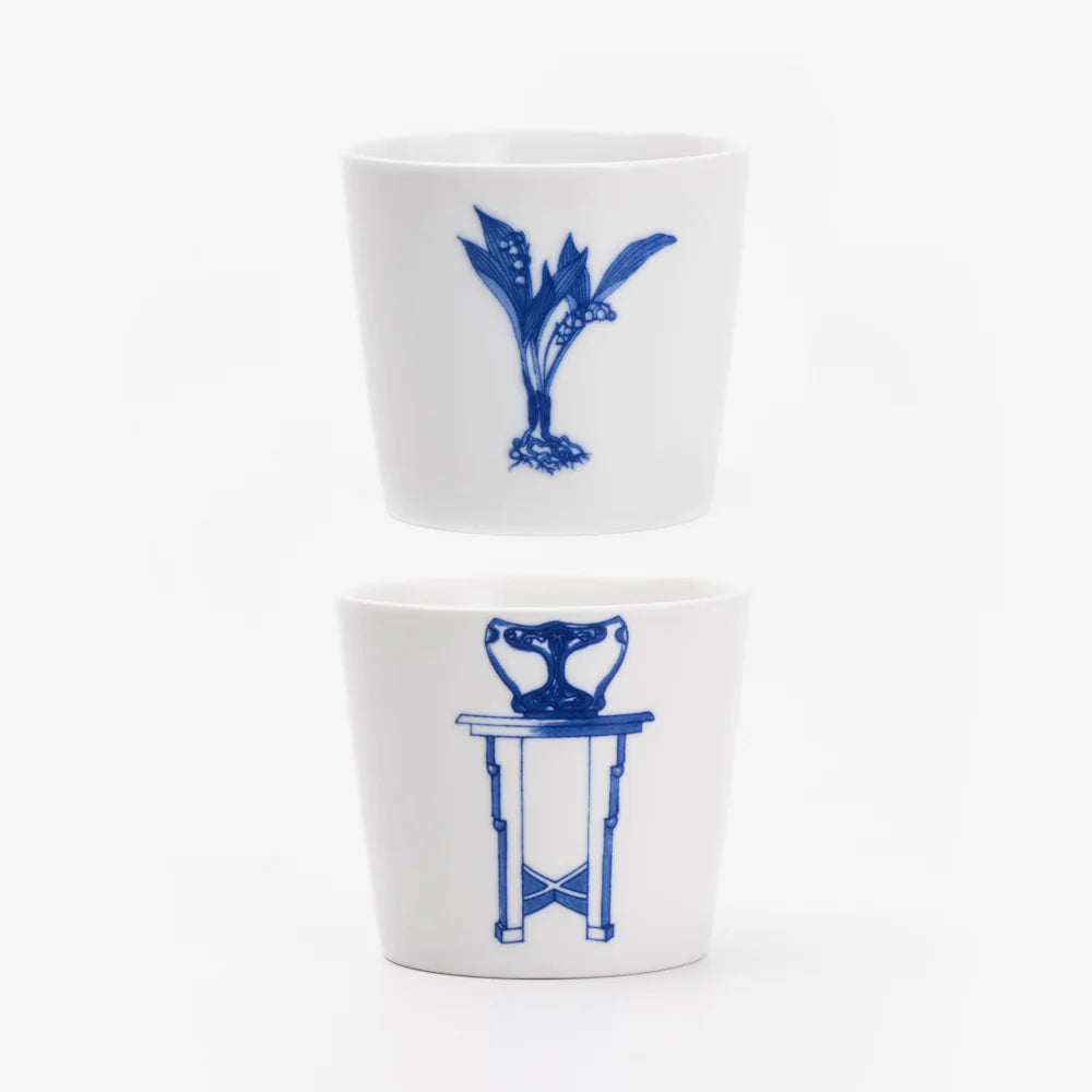 BELLE Lily of the Valley Floral Pot Blue and White Porcelain Stacking Cups (2 pcs per set)