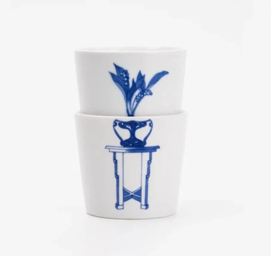 BELLE Lily of the Valley Floral Pot Blue and White Porcelain Stacking Cups (2 pcs per set)