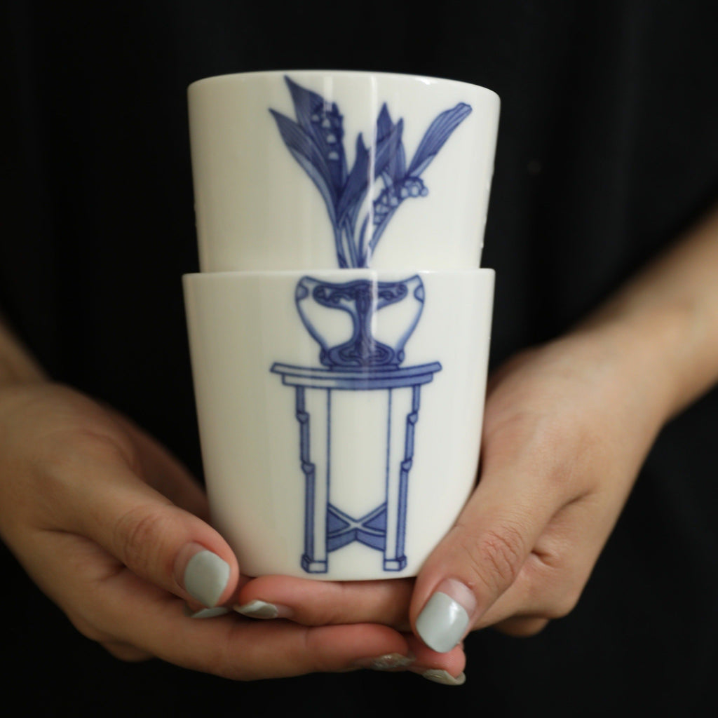 BELLE Lily of the Valley Floral Pot Blue and White Porcelain Stacking Cups (2 pcs per set)