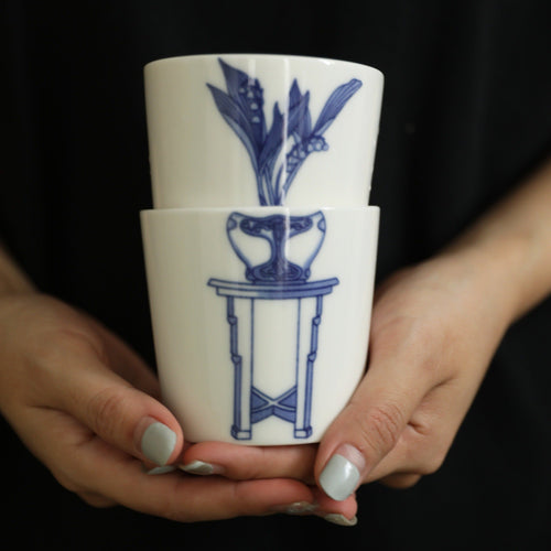 BELLE Lily of the Valley Floral Pot Blue and White Porcelain Stacking Cups (2 pcs per set)