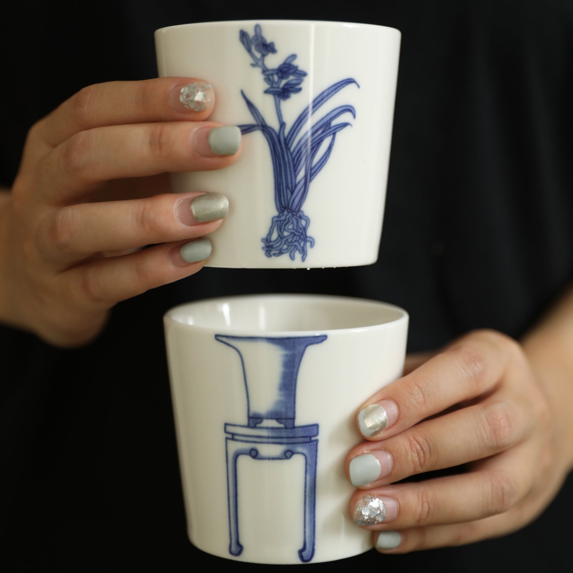 BELLE Orchid Floral Pot Blue and White Underglazed Porcelain Stacking Cups Set