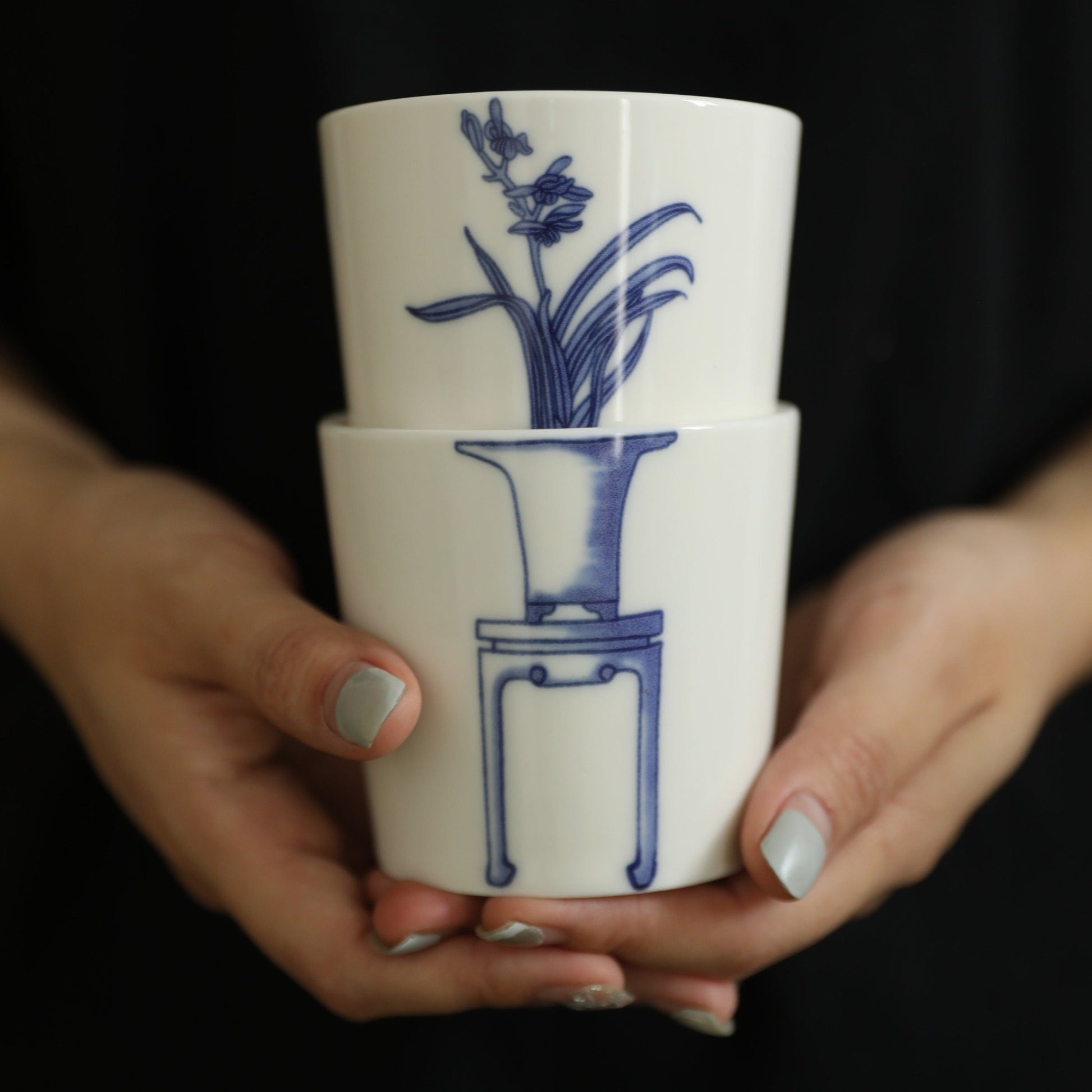 BELLE Orchid Floral Pot Blue and White Underglazed Porcelain Stacking Cups Set