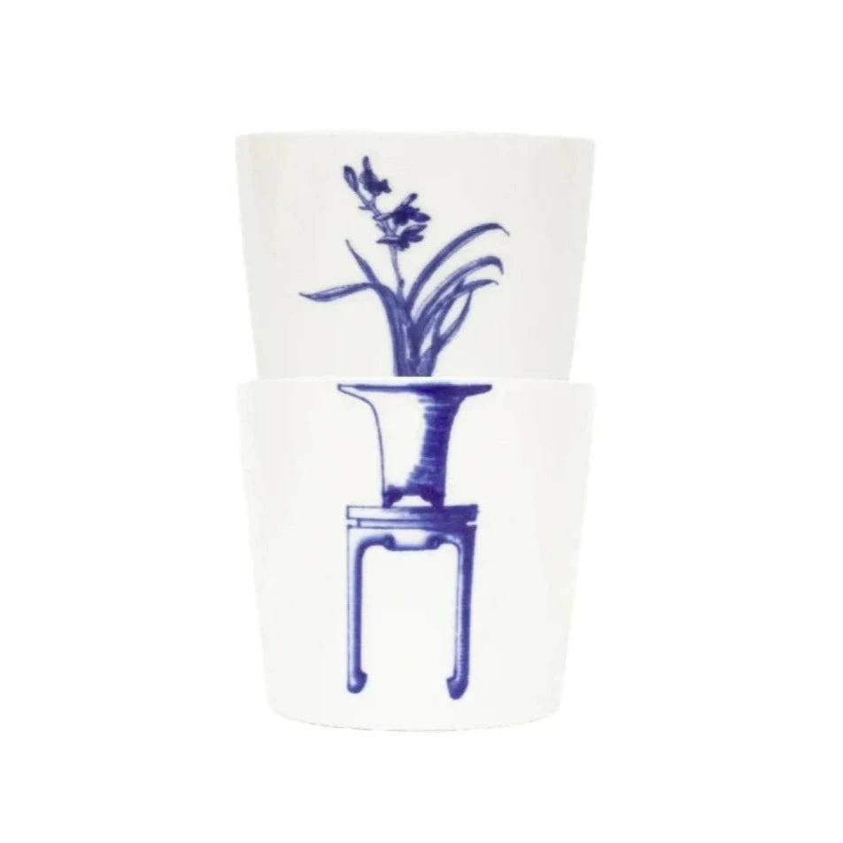 BELLE Orchid Floral Pot Blue and White Underglazed Porcelain Stacking Cups Set