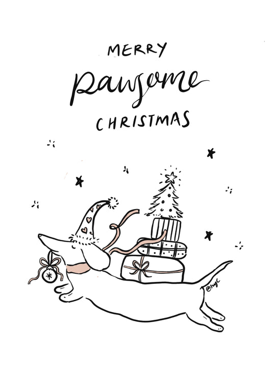 IvyC Art Christmas The Baleinette Holiday Shop Dachshund Merry Pawsome Christmas Postcard Gift Card