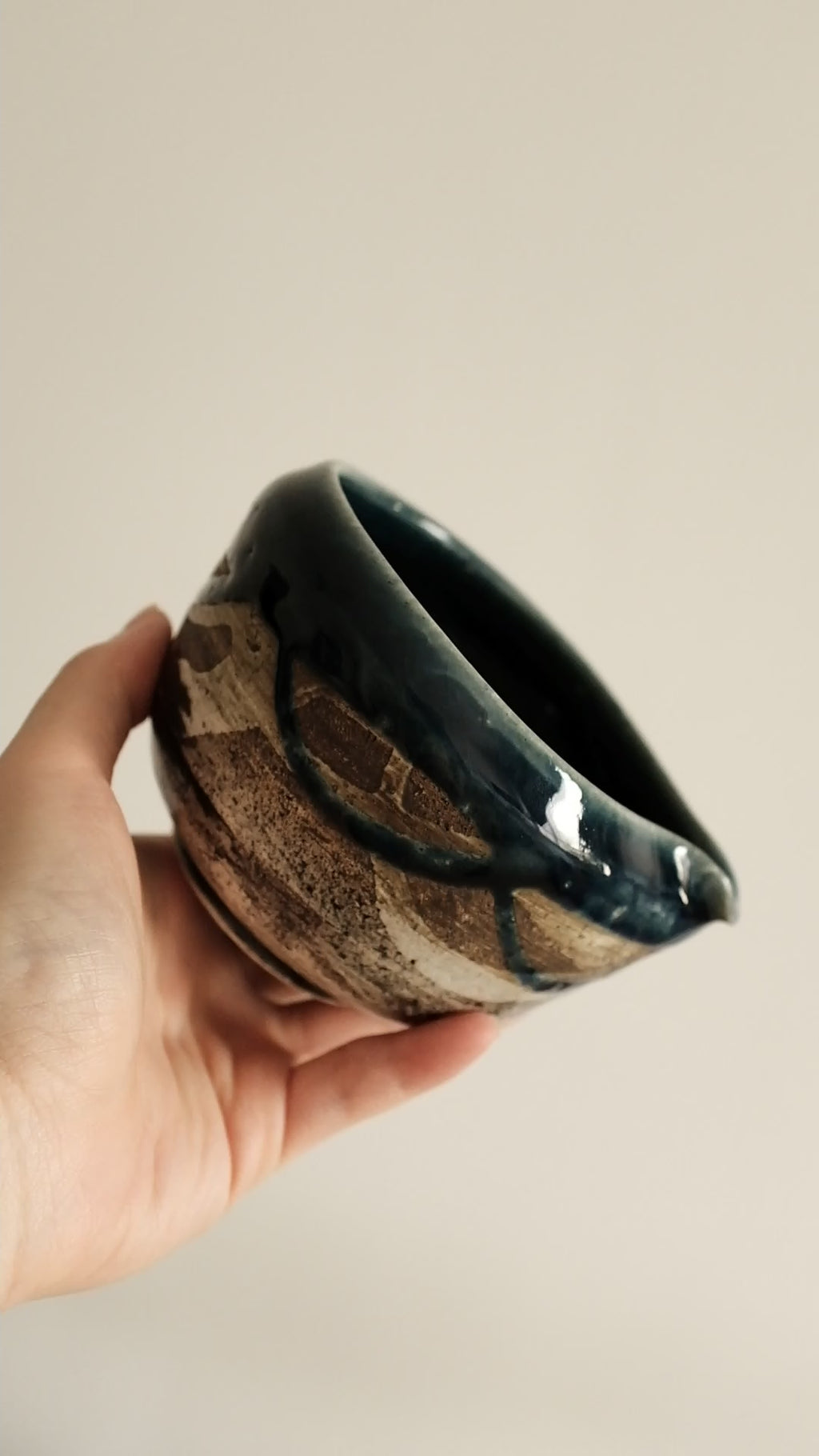 Hatsuichi Japan Ai Nagashi Dark Blue Katakuchi Chawan Matcha Bowl Minoware