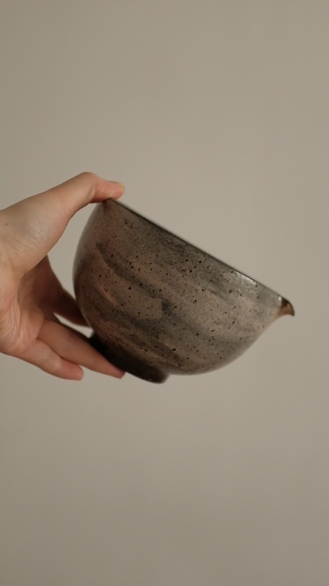 Yuli Handmade Speckled Brown Grey Katakuchi Chawan Matcha Bowl Powdered Glaze Underglazed Stoneware