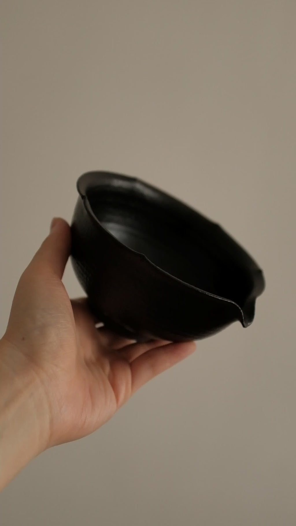 Yuli Handmade Ebony Black Floral Rim Katakuchi Chawan Matcha Bowl Black Glaze Underglazed Stoneware